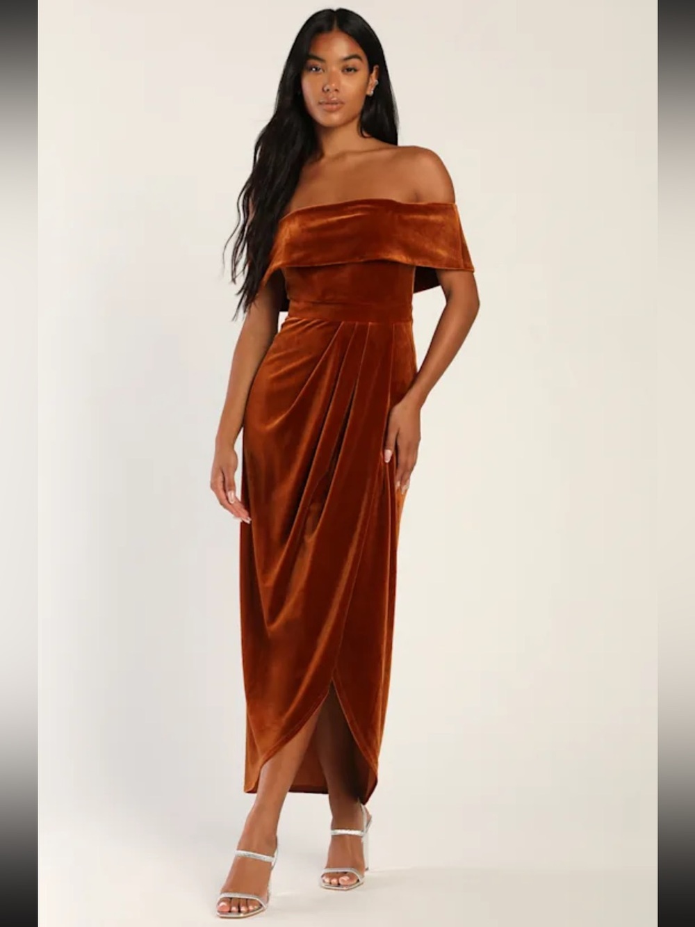 I'm Enchanted Rust Orange Velvet Off-the-Shoulder Maxi Dress
